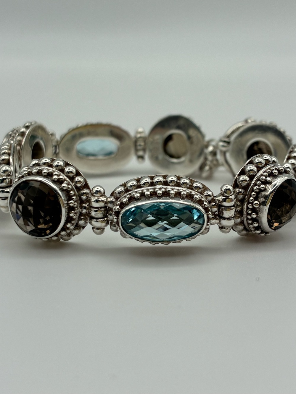 Sterling Silver Blue Topaz and Smoky Quartz Bracelet 7” Suarti 925